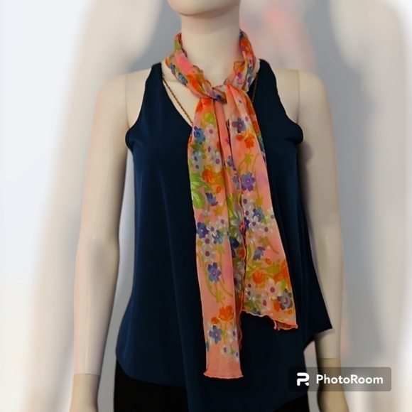 True Vintage Fairycore 1970s Pink Floral Chiffon Scarf - Picture 1 of 2